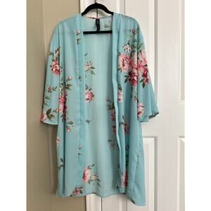 Agnes &‎ Dora Floral Print Kimono Cardigan Open Front Light Blue M/L Sheer